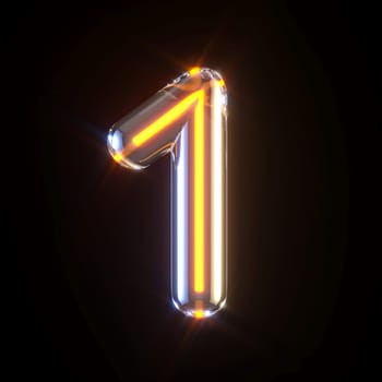 Glowing glass tube font Number 1 ONE 3D render illustration isolated on black background