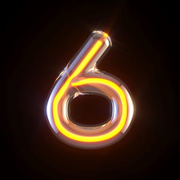 Glowing glass tube font Number 6 SIX 3D render illustration isolated on black background