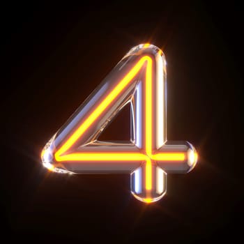 Glowing glass tube font Number 4 FOUR 3D render illustration isolated on black background