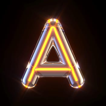 Glowing glass tube font Letter A 3D render illustration isolated on black background