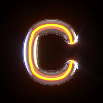 Glowing glass tube font Letter C 3D render illustration isolated on black background