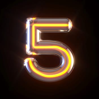 Glowing glass tube font Number 5 FIVE 3D render illustration isolated on black background