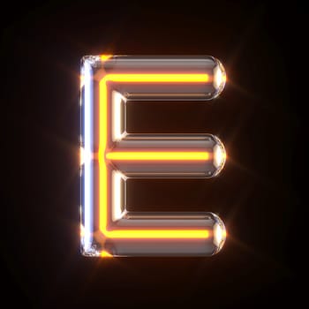 Glowing glass tube font Letter E 3D render illustration isolated on black background