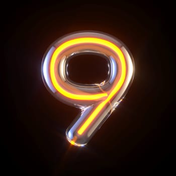 Glowing glass tube font Number 9 NINE 3D render illustration isolated on black background
