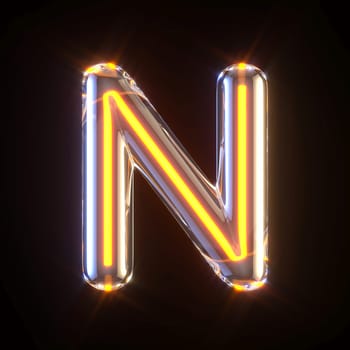 Glowing glass tube font Letter N 3D render illustration isolated on black background