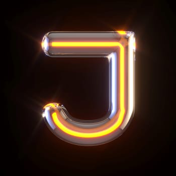 Glowing glass tube font Letter J 3D render illustration isolated on black background