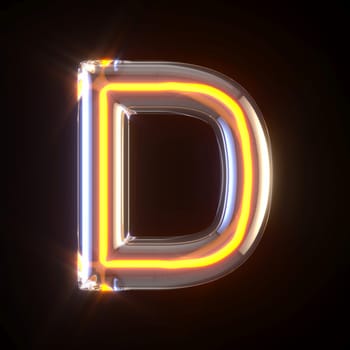 Glowing glass tube font Letter D 3D render illustration isolated on black background