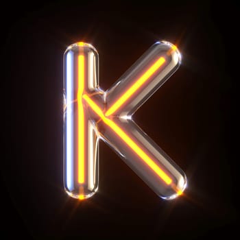 Glowing glass tube font Letter K 3D render illustration isolated on black background