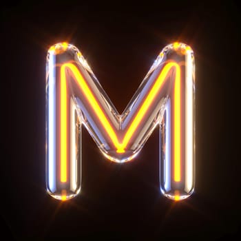 Glowing glass tube font Letter M 3D render illustration isolated on black background