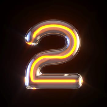 Glowing glass tube font Number 2 TWO 3D render illustration isolated on black background