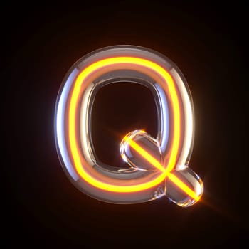 Glowing glass tube font Letter Q 3D render illustration isolated on black background