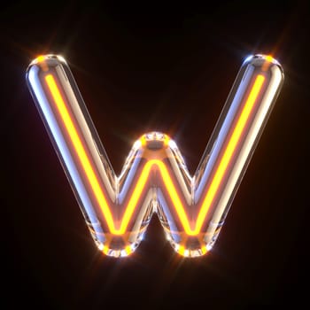 Glowing glass tube font Letter W 3D render illustration isolated on black background