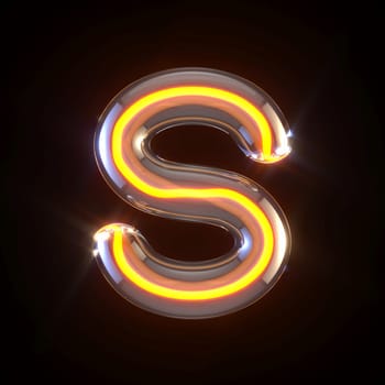 Glowing glass tube font Letter S 3D render illustration isolated on black background