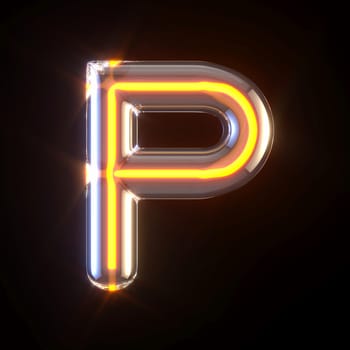 Glowing glass tube font Letter P 3D render illustration isolated on black background