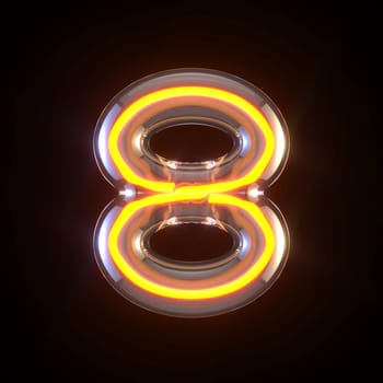 Glowing glass tube font Number 8 EIGHT 3D render illustration isolated on black background