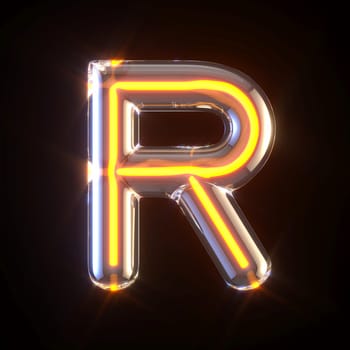 Glowing glass tube font Letter R 3D render illustration isolated on black background