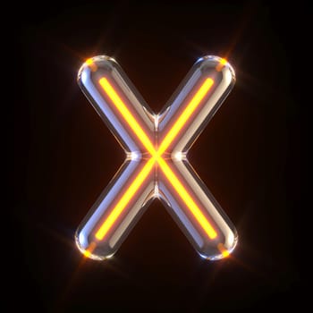 Glowing glass tube font Letter X 3D render illustration isolated on black background