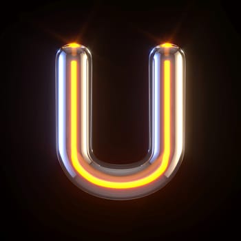 Glowing glass tube font Letter U 3D render illustration isolated on black background