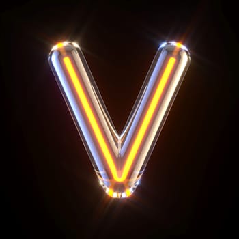 Glowing glass tube font Letter V 3D render illustration isolated on black background