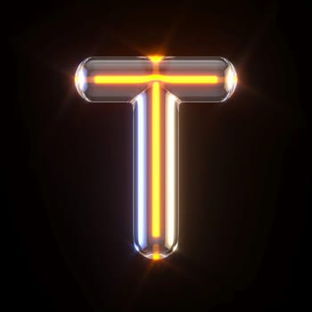 Glowing glass tube font Letter T 3D render illustration isolated on black background