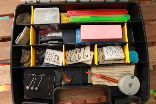 Fishing tackle box opens up close up
