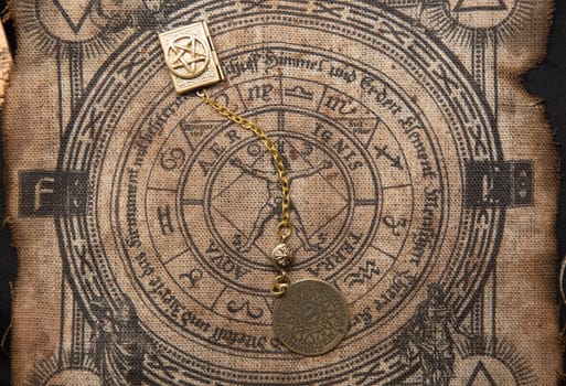 Ancient esoteric witchcraft background. Occultims and paganism old symbol, with mysterious runes and alphabet.