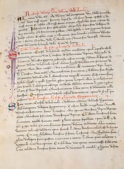 FLORENCE, ITALY - circa July 2021. Antique manuscript sheet from Dante Divine Comedy, 16th Century copy.