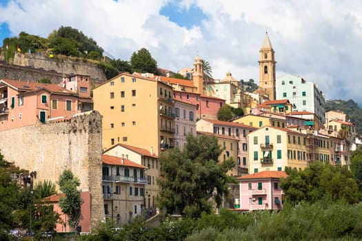 VENTIMIGLIA, ITALY - CIRCA AUGUST 2020: panarama of Ventimiglia old village in Liguria Region, sunny day with blue sky