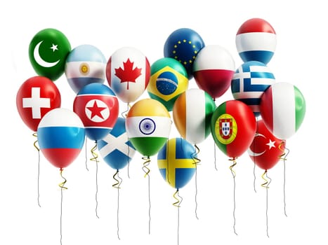 Flying balloons of various countries. 3D illustration.