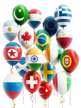 Flying balloons of various countries. 3D illustration.