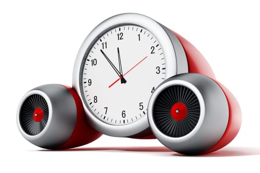 Clock pointing a couple of minutes to 12 with jet engines.3D illustration.