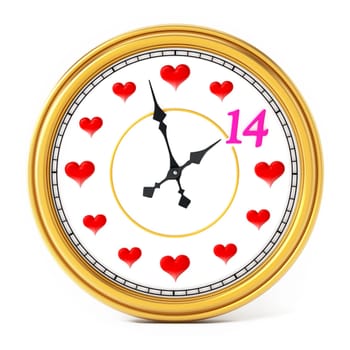 Clock hand pointing pink number 14. 3D illustration.
