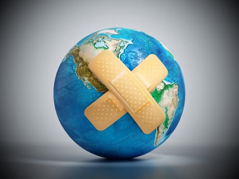 Crossed band-aids on Earth model. 3D illustration.