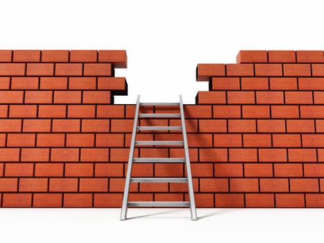Metal ladder on brick wall with missing bricks. 3D illustration
