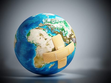 Crossed band-aids on Earth model. 3D illustration.