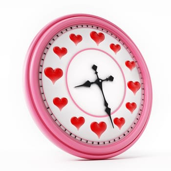 Red hearts on clock instead of numbers. 3D illustration.