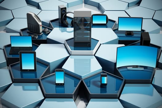 Network with pentagon tiles connecting electronic devices. 3D illustration.