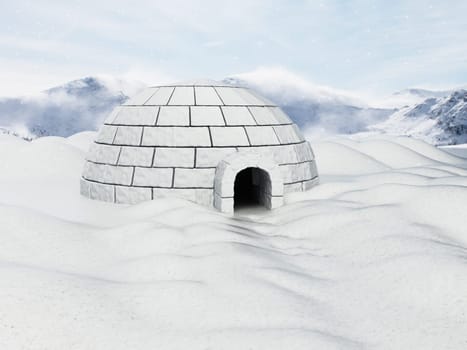 Igloo standing on snowy plane. 3D illustration.