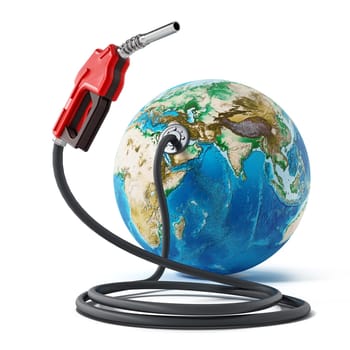 Gas pump and hose connected to the earth. 3D illustration.
