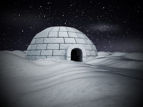 Igloo standing on snowy plane. 3D illustration.