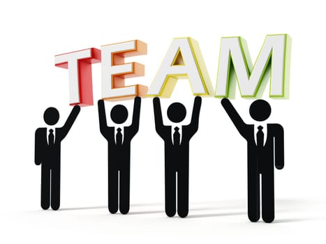 Business people holding T, E, A and M letters. 3D illustration.