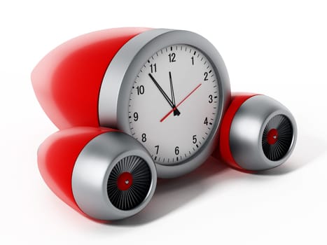 Clock pointing a couple of minutes to 12 with jet engines.3D illustration.