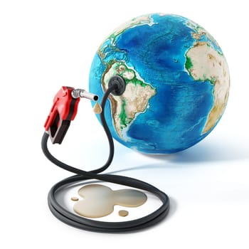 Gas pump and hose connected to the earth. 3D illustration.