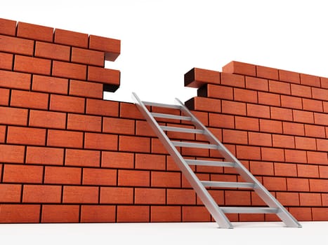 Metal ladder on brick wall with missing bricks. 3D illustration