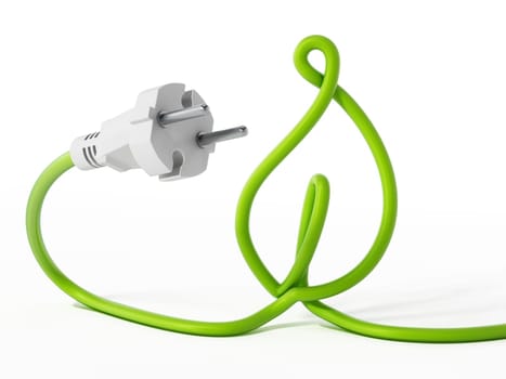 Cable of electric plug forming a leaf shape. 3D illustration.