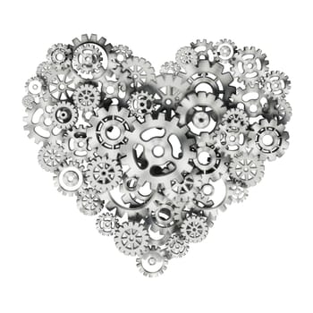 Metal gears forming heart shape. 3D illustration.