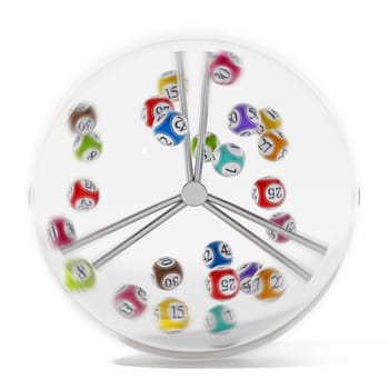 Multi colored bingo balls turning inside glass sphere. 3D illustration.