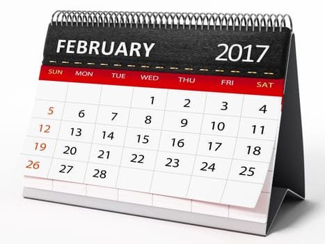 February 2017 desktop calendar isolated on white background. 3D illustration.