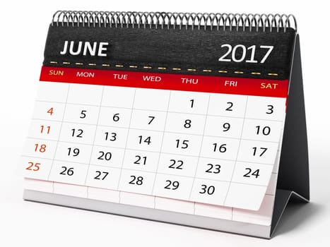 June 2017 desktop calendar isolated on white background. 3D illustration.