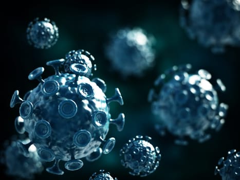 Green viruses on dark background. 3D illustration.